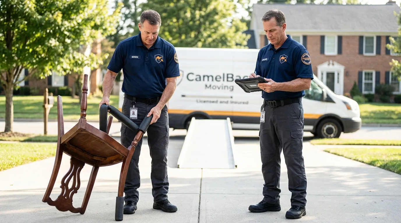 Movers inspecting furniture for damage prevention before loading in Orting, WA