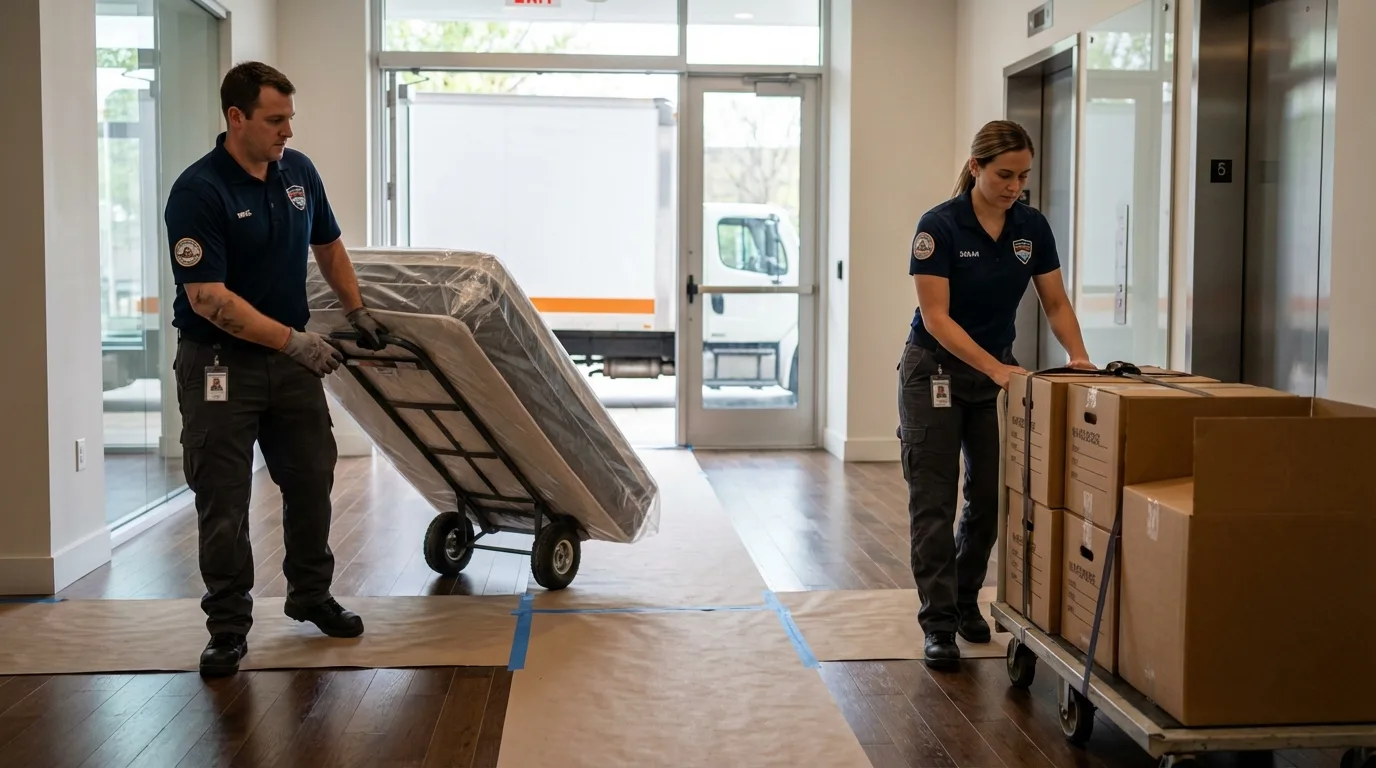 Professional apartment movers loading elevator in Orting, WA