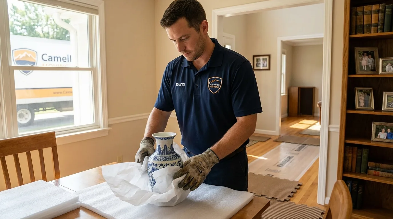 Professional crew carefully wrapping antique vase for senior downsizing move in Orting, WA